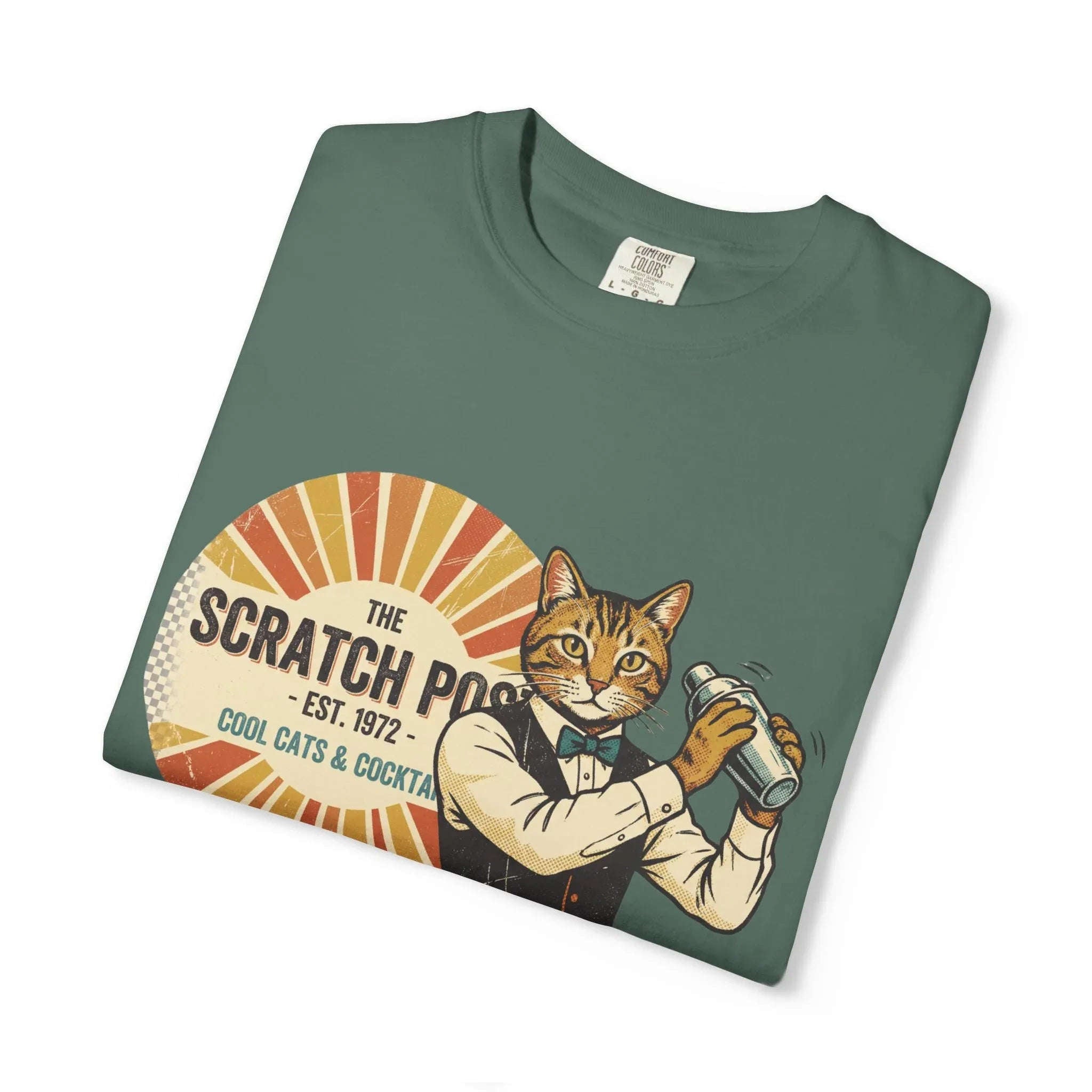 The Scratch Pub Shirt, Cat Bartender Tee, Retro Cocktail T-Shirt, Vintage Sunburst Bar Graphic, Mixologist Gift, Cat Lover Blue Spruce