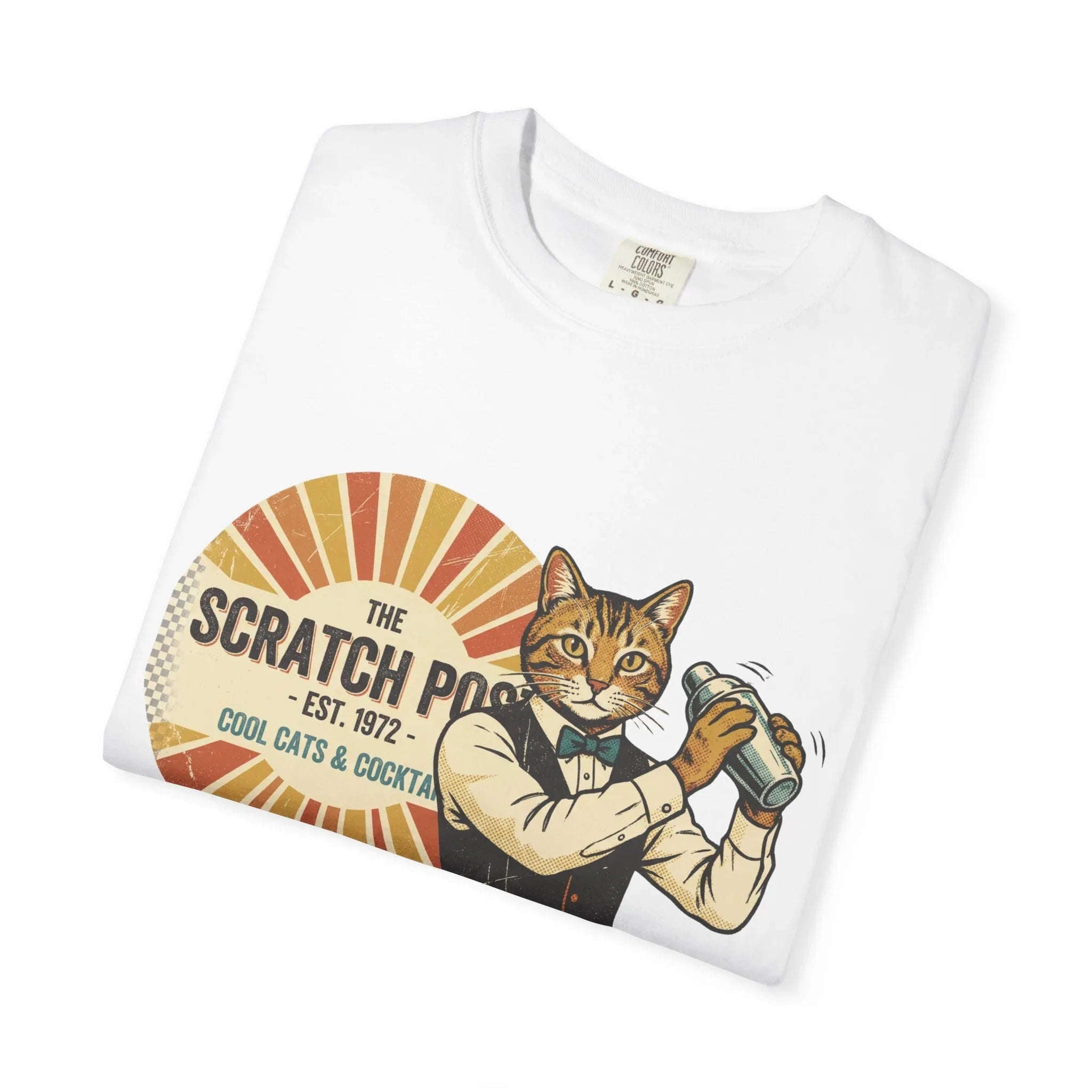 The Scratch Pub Shirt, Cat Bartender Tee, Retro Cocktail T-Shirt, Vintage Sunburst Bar Graphic, Mixologist Gift, Cat Lover