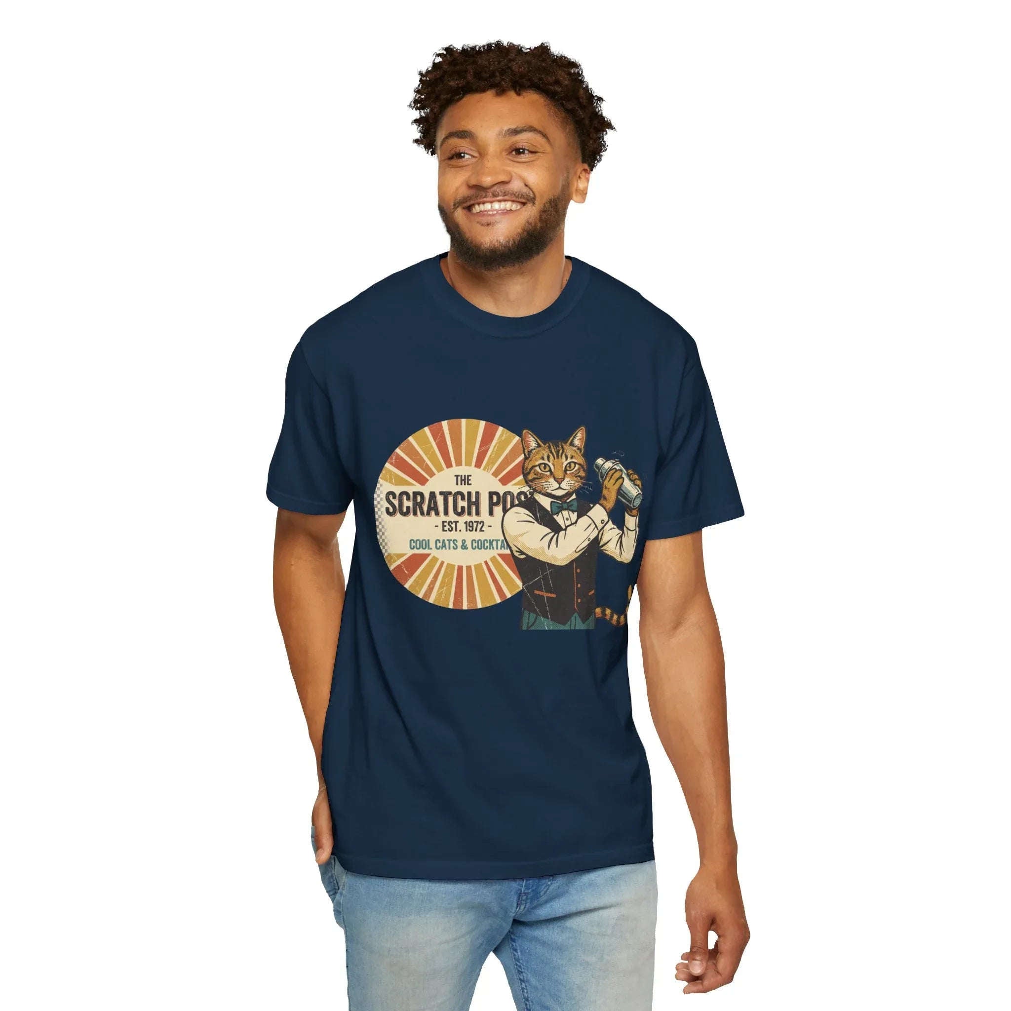 The Scratch Pub Shirt, Cat Bartender Tee, Retro Cocktail T-Shirt, Vintage Sunburst Bar Graphic, Mixologist Gift, Cat Lover