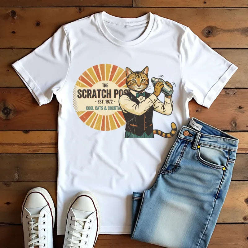 The Scratch Pub Shirt, Cat Bartender Tee, Retro Cocktail T-Shirt, Vintage Sunburst Bar Graphic, Mixologist Gift, Cat Lover White