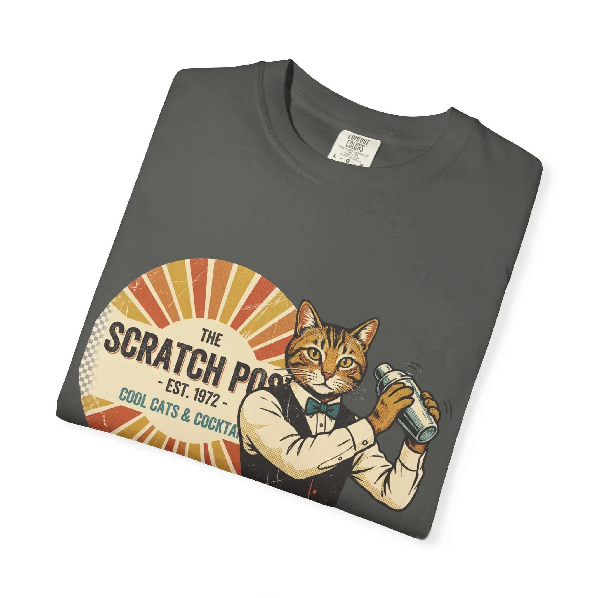 The Scratch Pub Shirt, Cat Bartender Tee, Retro Cocktail T-Shirt, Vintage Sunburst Bar Graphic, Mixologist Gift, Cat Lover Pepper