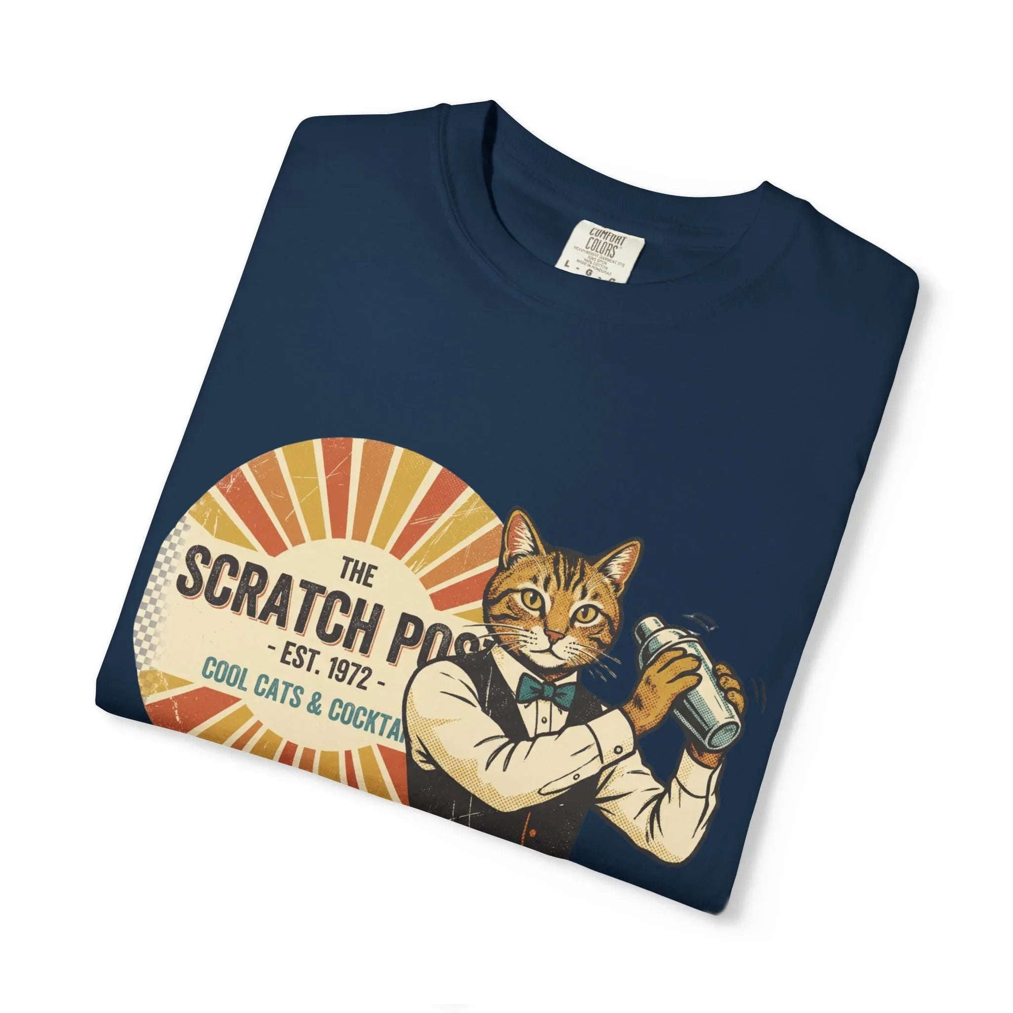 The Scratch Pub Shirt, Cat Bartender Tee, Retro Cocktail T-Shirt, Vintage Sunburst Bar Graphic, Mixologist Gift, Cat Lover True Navy