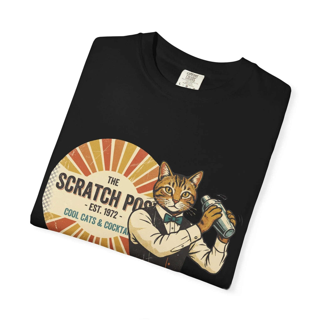 The Scratch Pub Shirt, Cat Bartender Tee, Retro Cocktail T-Shirt, Vintage Sunburst Bar Graphic, Mixologist Gift, Cat Lover Black