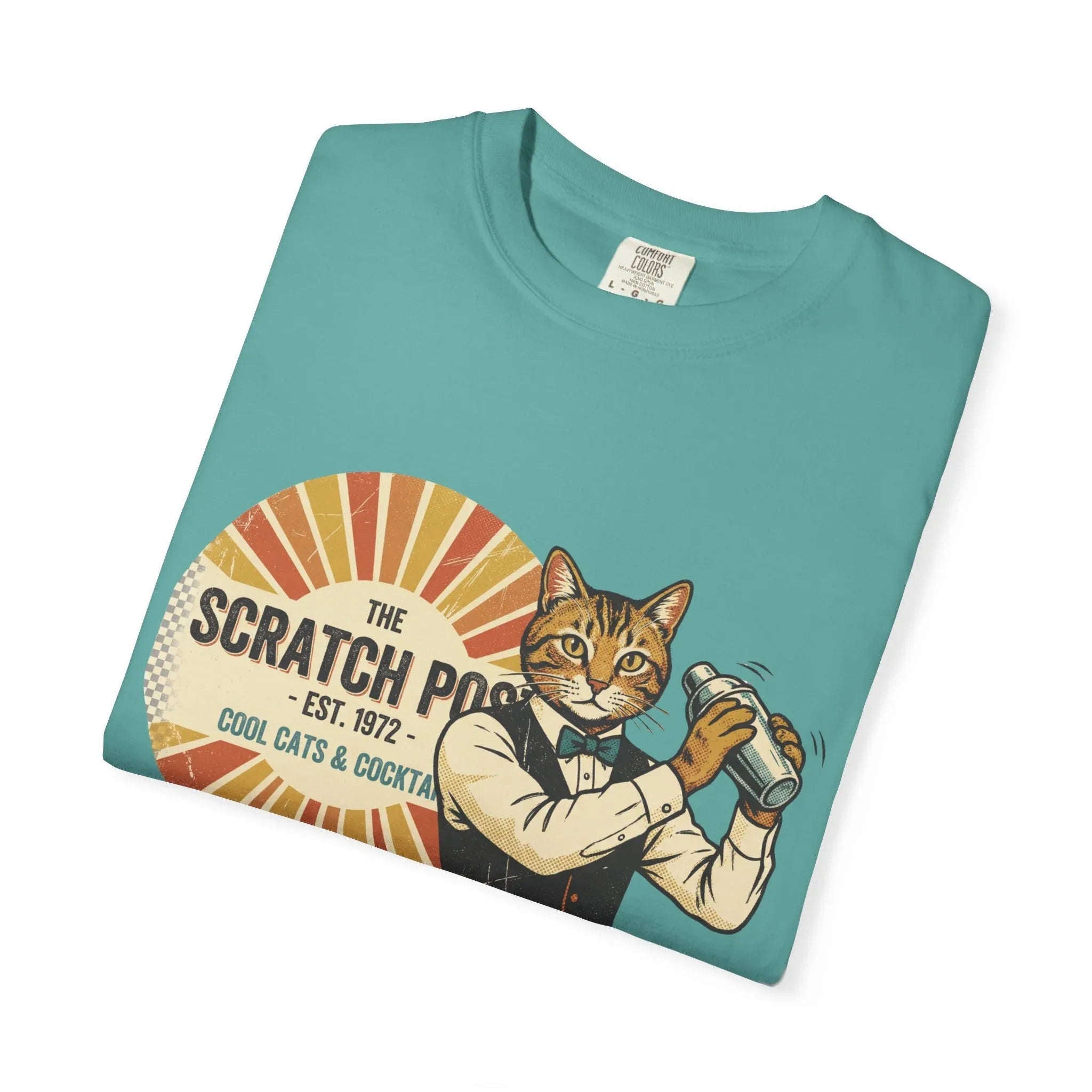 The Scratch Pub Shirt, Cat Bartender Tee, Retro Cocktail T-Shirt, Vintage Sunburst Bar Graphic, Mixologist Gift, Cat Lover Seafoam