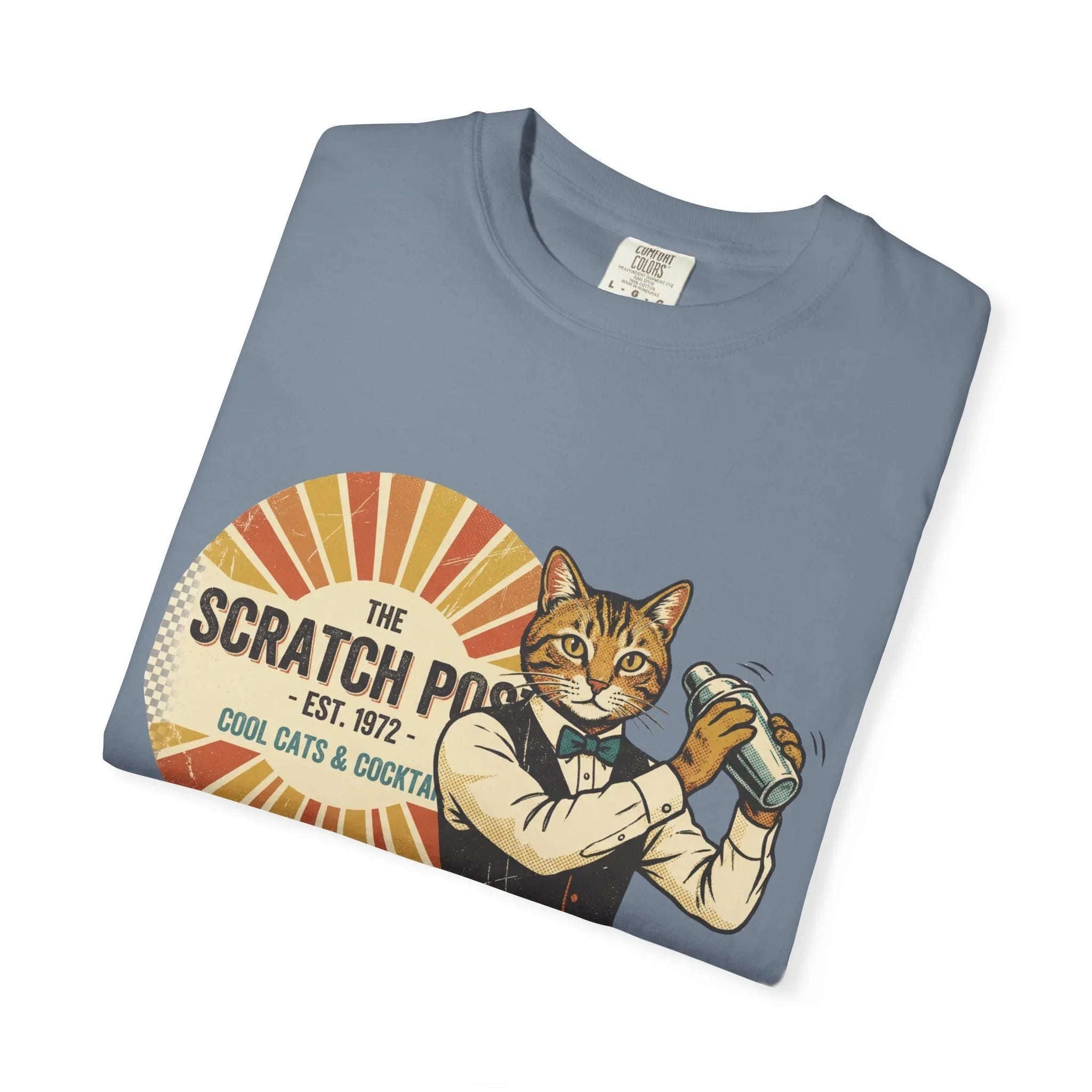 The Scratch Pub Shirt, Cat Bartender Tee, Retro Cocktail T-Shirt, Vintage Sunburst Bar Graphic, Mixologist Gift, Cat Lover Blue Jean