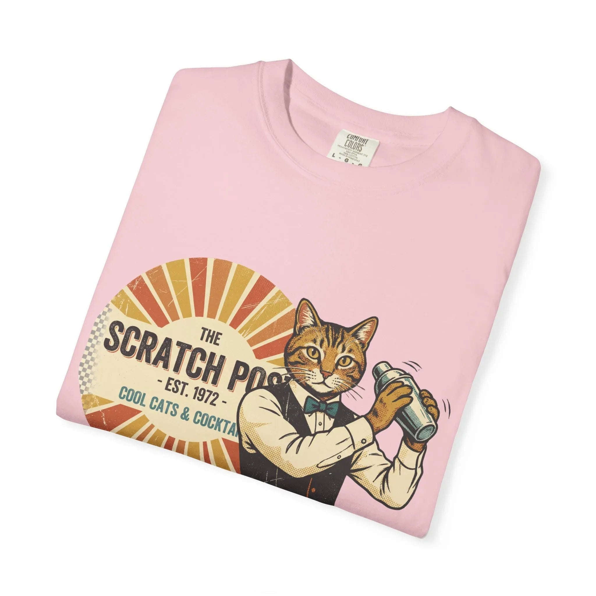 The Scratch Pub Shirt, Cat Bartender Tee, Retro Cocktail T-Shirt, Vintage Sunburst Bar Graphic, Mixologist Gift, Cat Lover Blossom