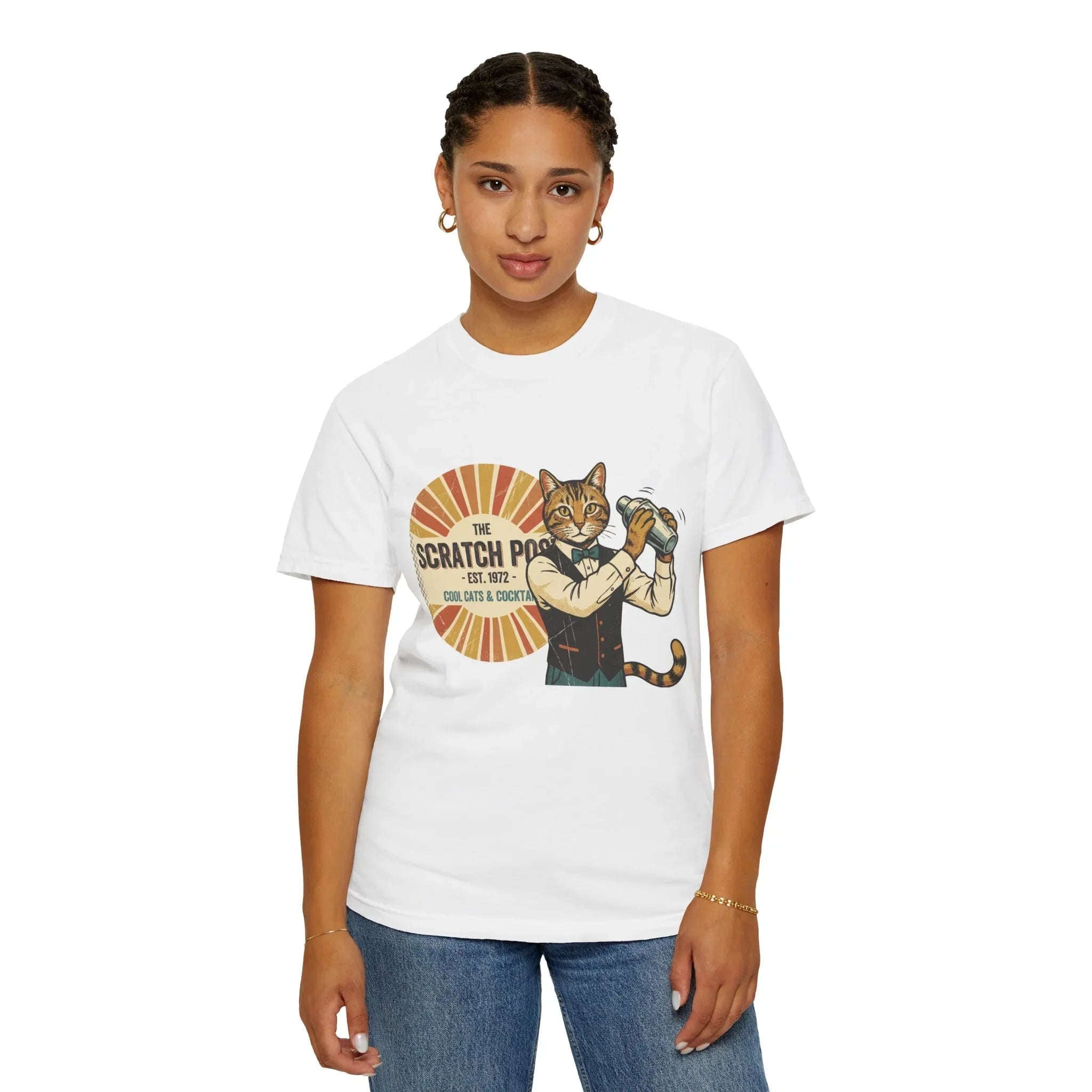 The Scratch Pub Shirt, Cat Bartender Tee, Retro Cocktail T-Shirt, Vintage Sunburst Bar Graphic, Mixologist Gift, Cat Lover