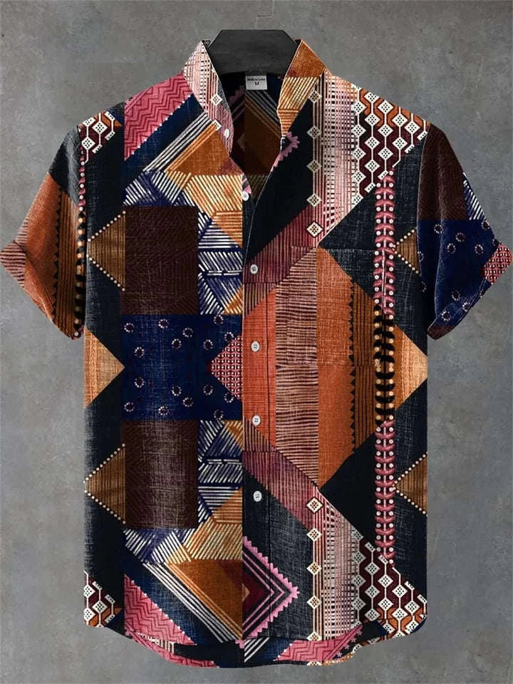 🐍 The Serpent & Solstice Art Edition: Premium Men’s Organic Linen Shirt – High-Definition Snake & Sacred Tree Illustration, Vintage Sun Graphic, Breathable Short-Sleeve Casual Button-Down