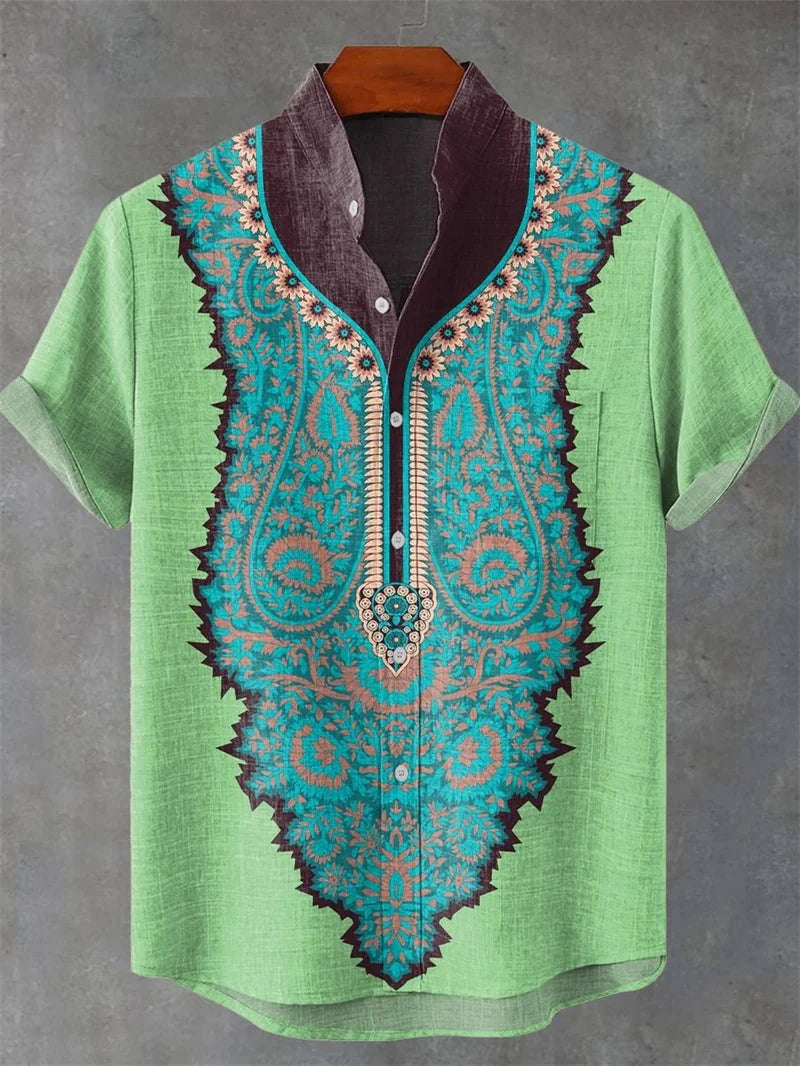 🐍 The Serpent & Solstice Art Edition: Premium Men’s Organic Linen Shirt – High-Definition Snake & Sacred Tree Illustration, Vintage Sun Graphic, Breathable Short-Sleeve Casual Button-Down FX848