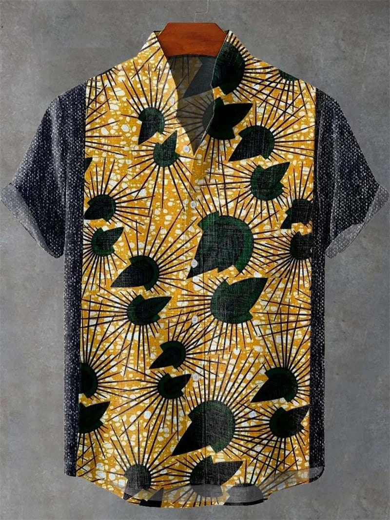 🐍 The Serpent & Solstice Art Edition: Premium Men’s Organic Linen Shirt – High-Definition Snake & Sacred Tree Illustration, Vintage Sun Graphic, Breathable Short-Sleeve Casual Button-Down FX8412