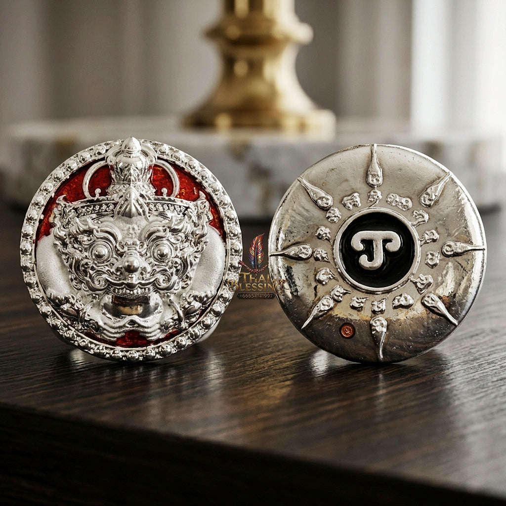 💥 THE SOVEREIGN ENAMELED SILVER BUTTON OF SUPREME RAHU ECLIPSE & PROTECTION: THE PICHAI SOMBAT!  Sacred "Met Kradum Phra Rahu Phichai Sombat Thai Blessing Co By RURUECHA