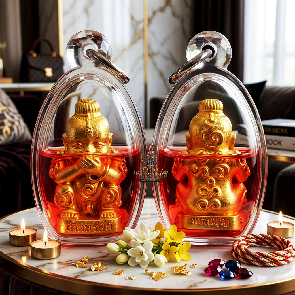 ✨ [The Sovereign of Infinite Manifestation: The 2025 "Golden-Neon" Master-Edition] Sacred "Kuman Dud Rok Kerd Sap" (The Cord-Sucking Child of Wealth-Birth) – Special "Divine-Bronze (Samrit) Gold-Plated & Phrai Kuman Powder & Wan Kai Dang Thai