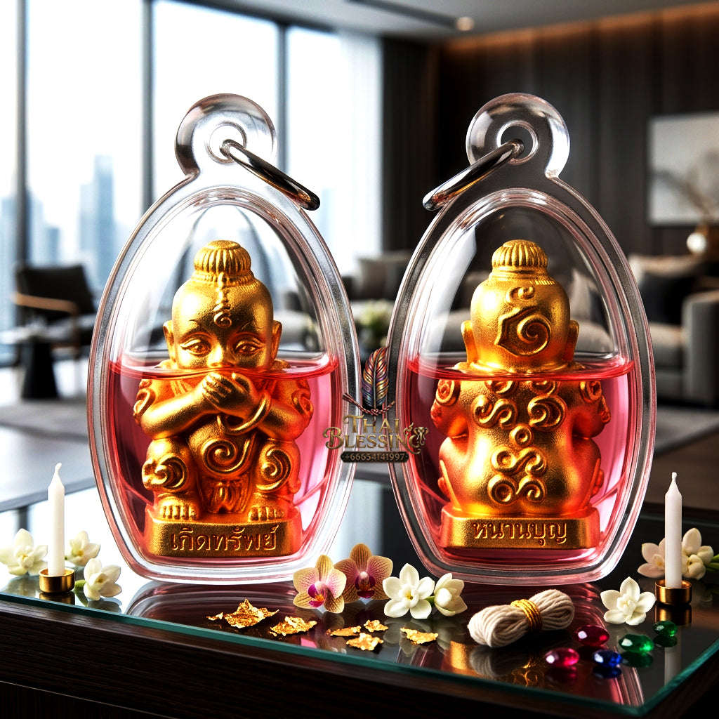 ✨ [The Sovereign of Infinite Manifestation: The 2025 "Golden-Neon" Master-Edition] Sacred "Kuman Dud Rok Kerd Sap" (The Cord-Sucking Child of Wealth-Birth) – Special "Divine-Bronze (Samrit) Gold-Plated & Phrai Kuman Powder & Wan Kai Dang Thai