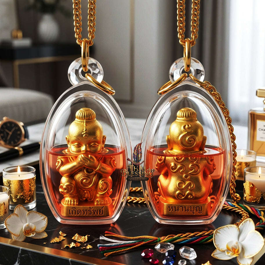 ✨ [The Sovereign of Infinite Manifestation: The 2025 "Golden-Neon" Master-Edition] Sacred "Kuman Dud Rok Kerd Sap" (The Cord-Sucking Child of Wealth-Birth) – Special "Divine-Bronze (Samrit) Gold-Plated & Phrai Kuman Powder & Wan Kai Dang Thai