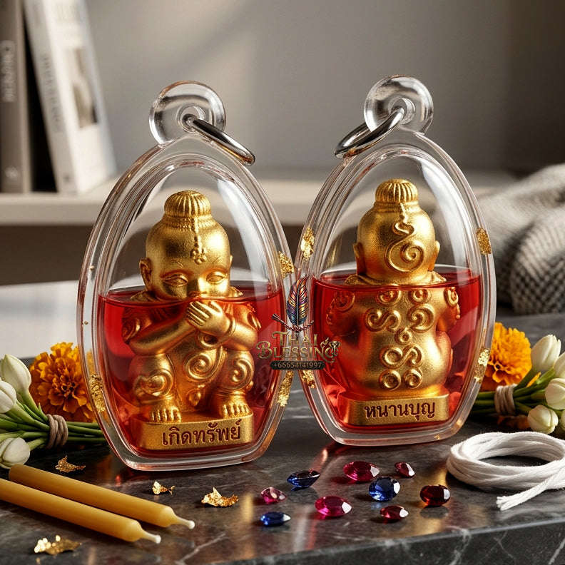 ✨ [The Sovereign of Infinite Manifestation: The 2025 "Golden-Neon" Master-Edition] Sacred "Kuman Dud Rok Kerd Sap" (The Cord-Sucking Child of Wealth-Birth) – Special "Divine-Bronze (Samrit) Gold-Plated & Phrai Kuman Powder & Wan Kai Dang Thai