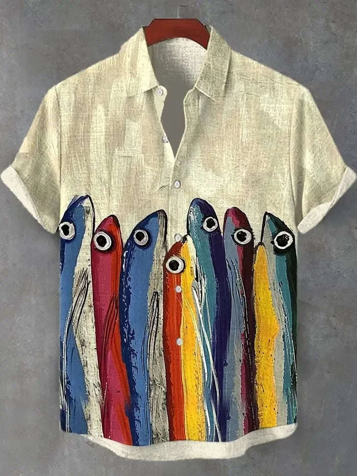 ✨ The Sovereign Zen-Fish Heritage: Premium Men's Cotton-Linen Blend Casual Shirt – Retro 3D Artistic Print, Breathable Short-Sleeve Button-Up (Ropa Casual Para Hombre) with Vintage Tailored Fit CSFQQQD844
