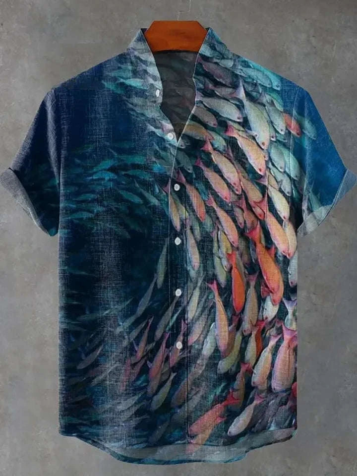 ✨ The Sovereign Zen-Fish Heritage: Premium Men's Cotton-Linen Blend Casual Shirt – Retro 3D Artistic Print, Breathable Short-Sleeve Button-Up (Ropa Casual Para Hombre) with Vintage Tailored Fit