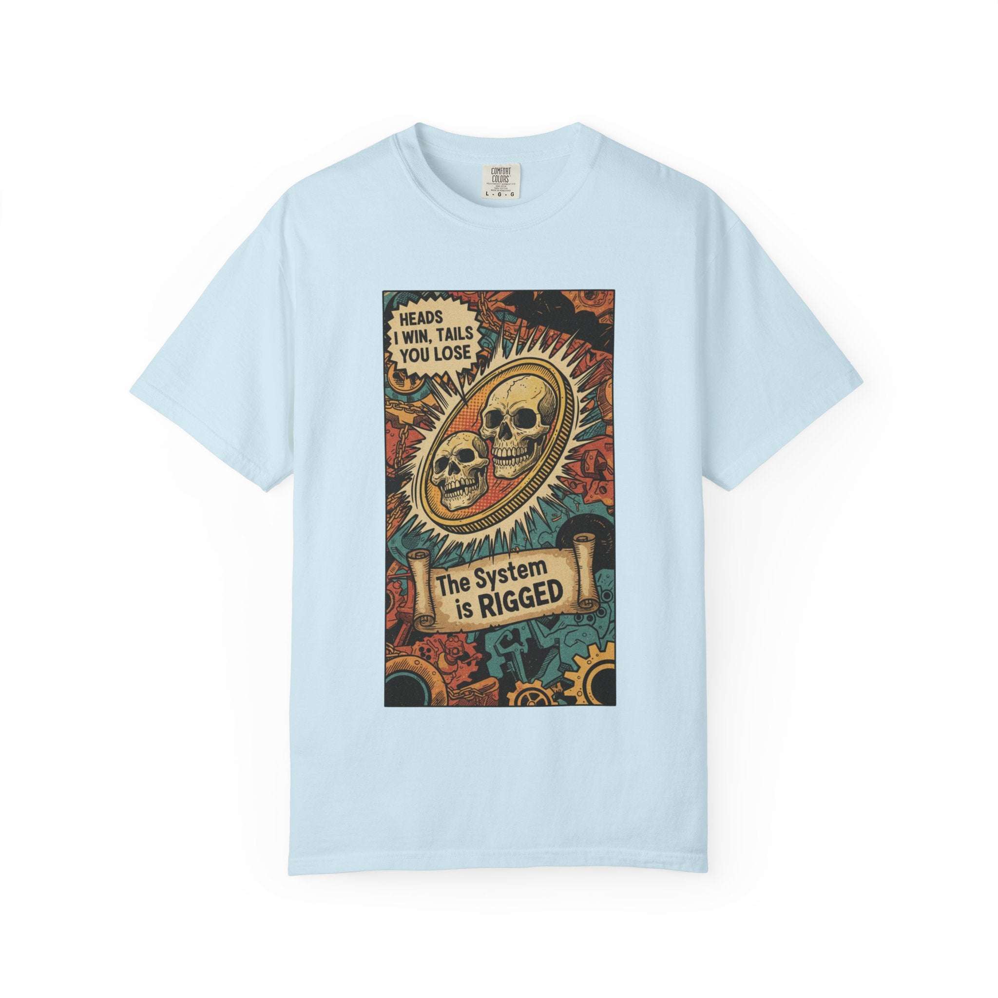 The System Is Rigged T-Shirt - Vintage Satirical Skull Coin Graphic - Dark Humor Chess Knight Pawn Tee - Retro Propaganda Streetwear Chambray