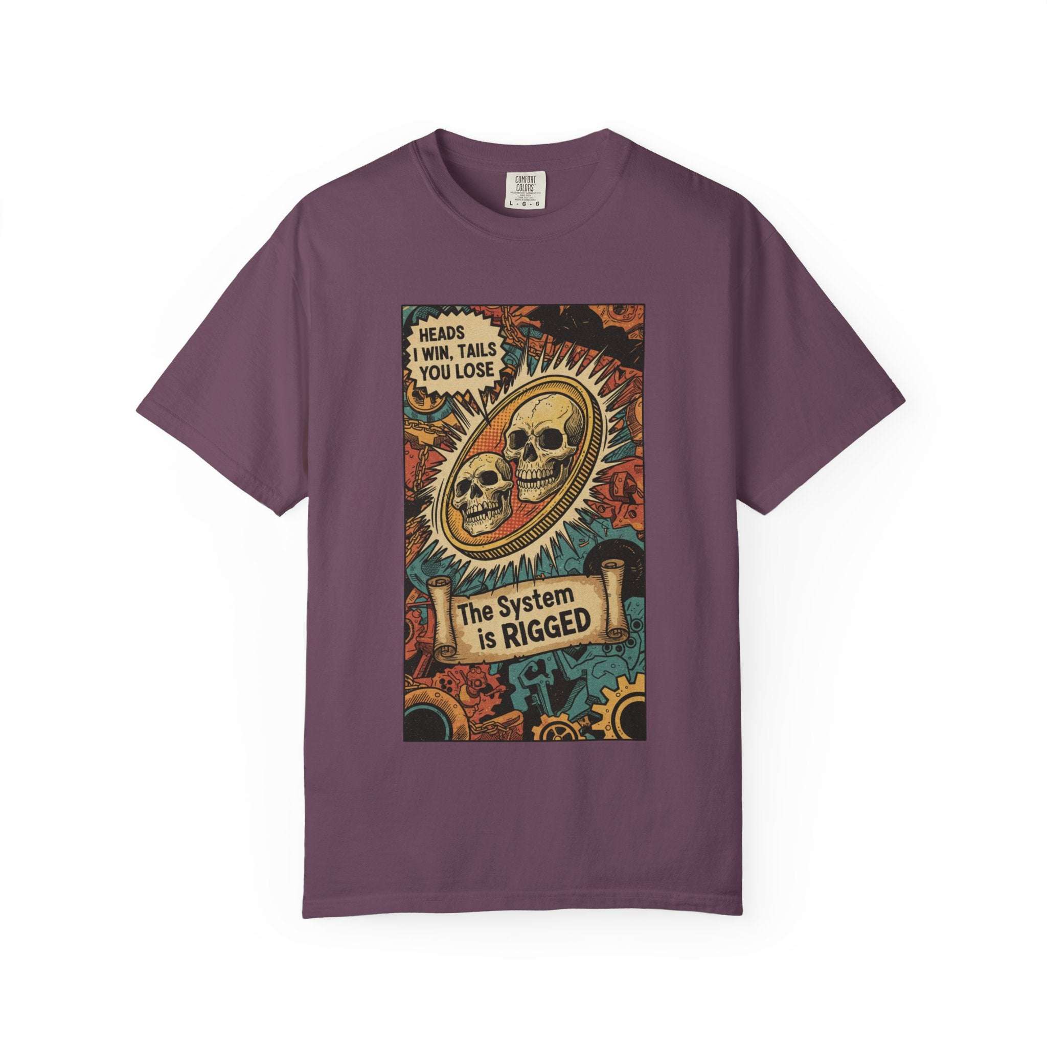 The System Is Rigged T-Shirt - Vintage Satirical Skull Coin Graphic - Dark Humor Chess Knight Pawn Tee - Retro Propaganda Streetwear Berry