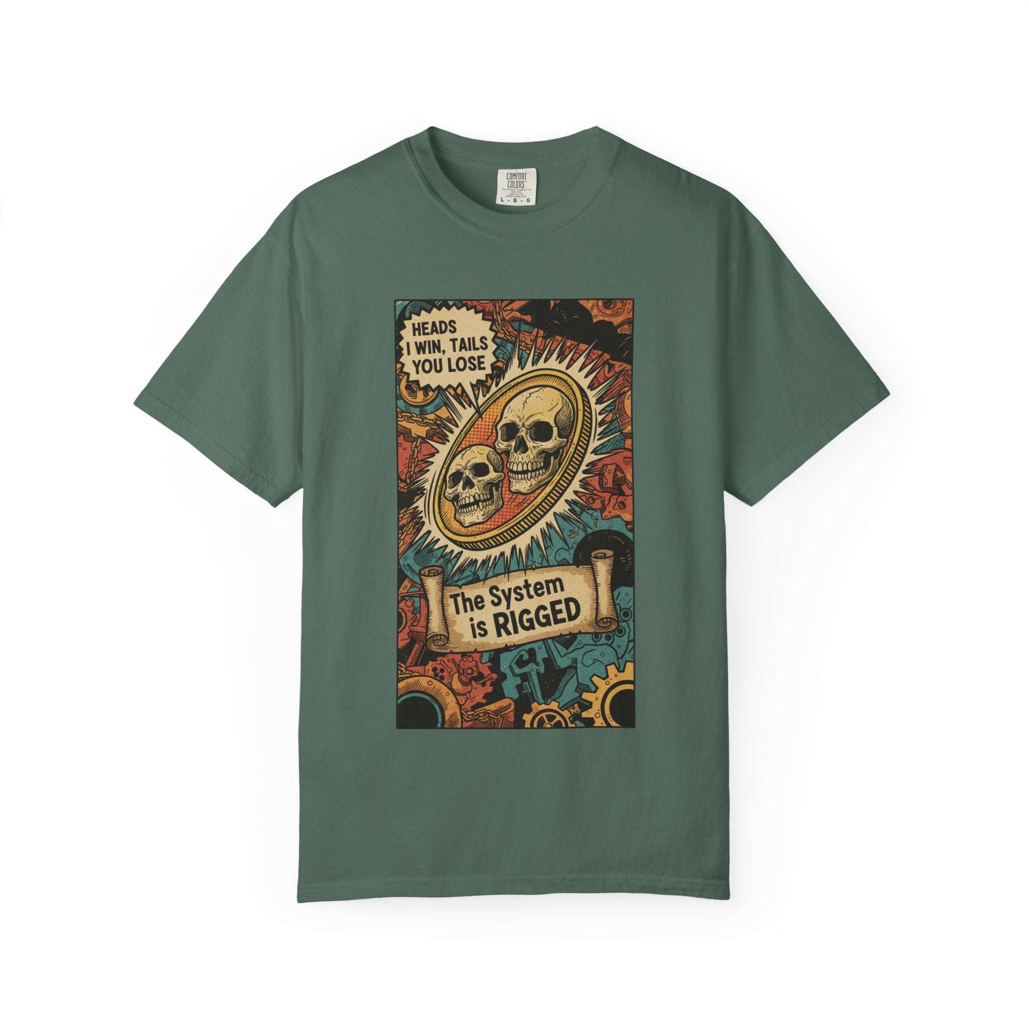 The System Is Rigged T-Shirt - Vintage Satirical Skull Coin Graphic - Dark Humor Chess Knight Pawn Tee - Retro Propaganda Streetwear Blue Spruce