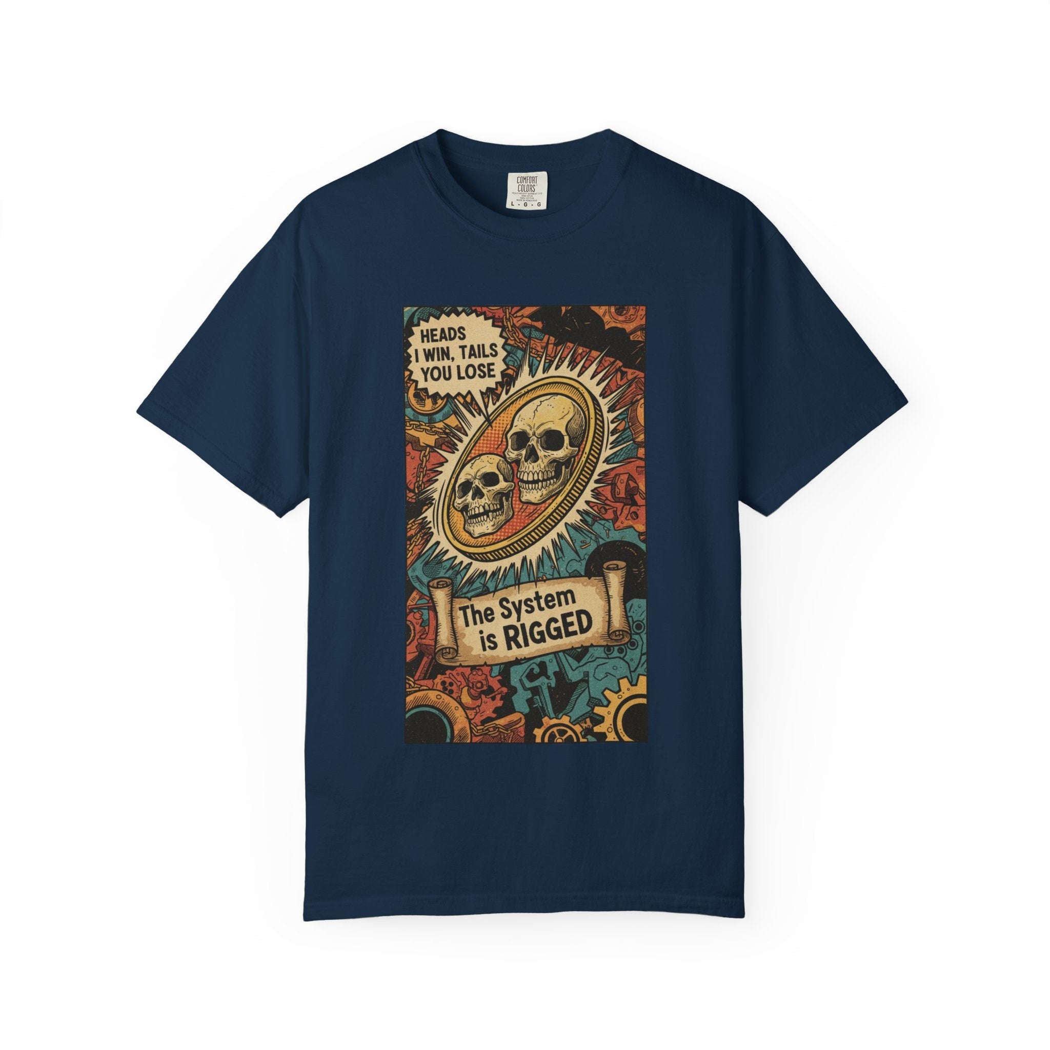 The System Is Rigged T-Shirt - Vintage Satirical Skull Coin Graphic - Dark Humor Chess Knight Pawn Tee - Retro Propaganda Streetwear True Navy