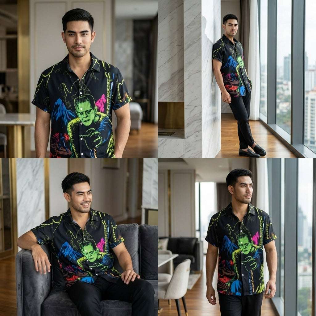The Timeless Icon Edition Premium Men's Retro Character Graphic Shirt - High-Definition Vintage Animation Art Couples' Matching Halloween Style Hawaiian Beach Shirt, Breathable Quick-Dry Urban-Holiday Short-Sleeve Apparel (สำเนา) Thai Blessing