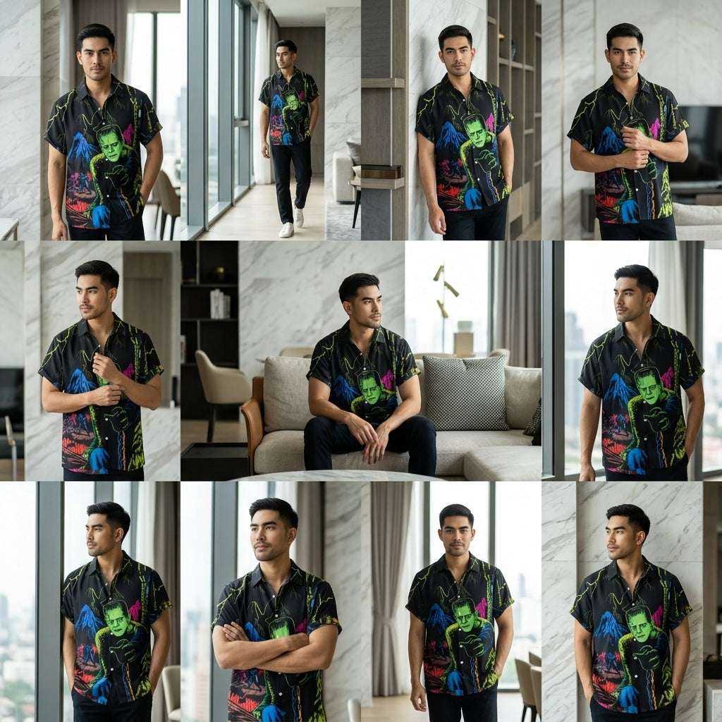 The Timeless Icon Edition Premium Men's Retro Character Graphic Shirt - High-Definition Vintage Animation Art Couples' Matching Halloween Style Hawaiian Beach Shirt, Breathable Quick-Dry Urban-Holiday Short-Sleeve Apparel (สำเนา) Thai Blessing