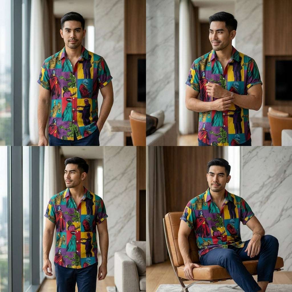 The Timeless Icon Edition Premium Men's Retro Character Graphic Shirt - High-Definition Vintage Animation Art Couples' Matching Halloween Style Hawaiian Beach Shirt, Breathable Quick-Dry Urban-Holiday Short-Sleeve Apparel Thai Blessing Co By