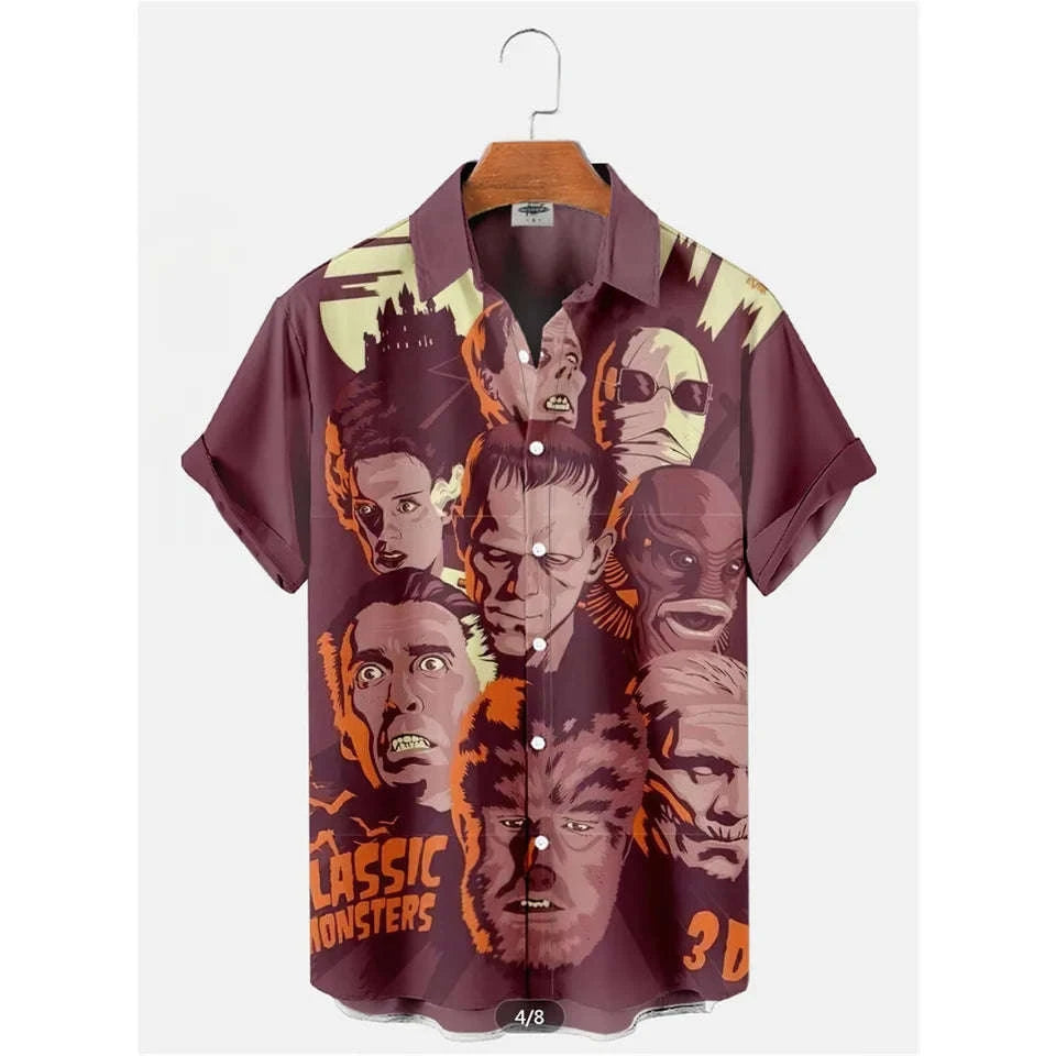 The Timeless Icon Edition Premium Men's Retro Character Graphic Shirt - High-Definition Vintage Animation Art Couples' Matching Halloween Style Hawaiian Beach Shirt, Breathable Quick-Dry Urban-Holiday Short-Sleeve Apparel