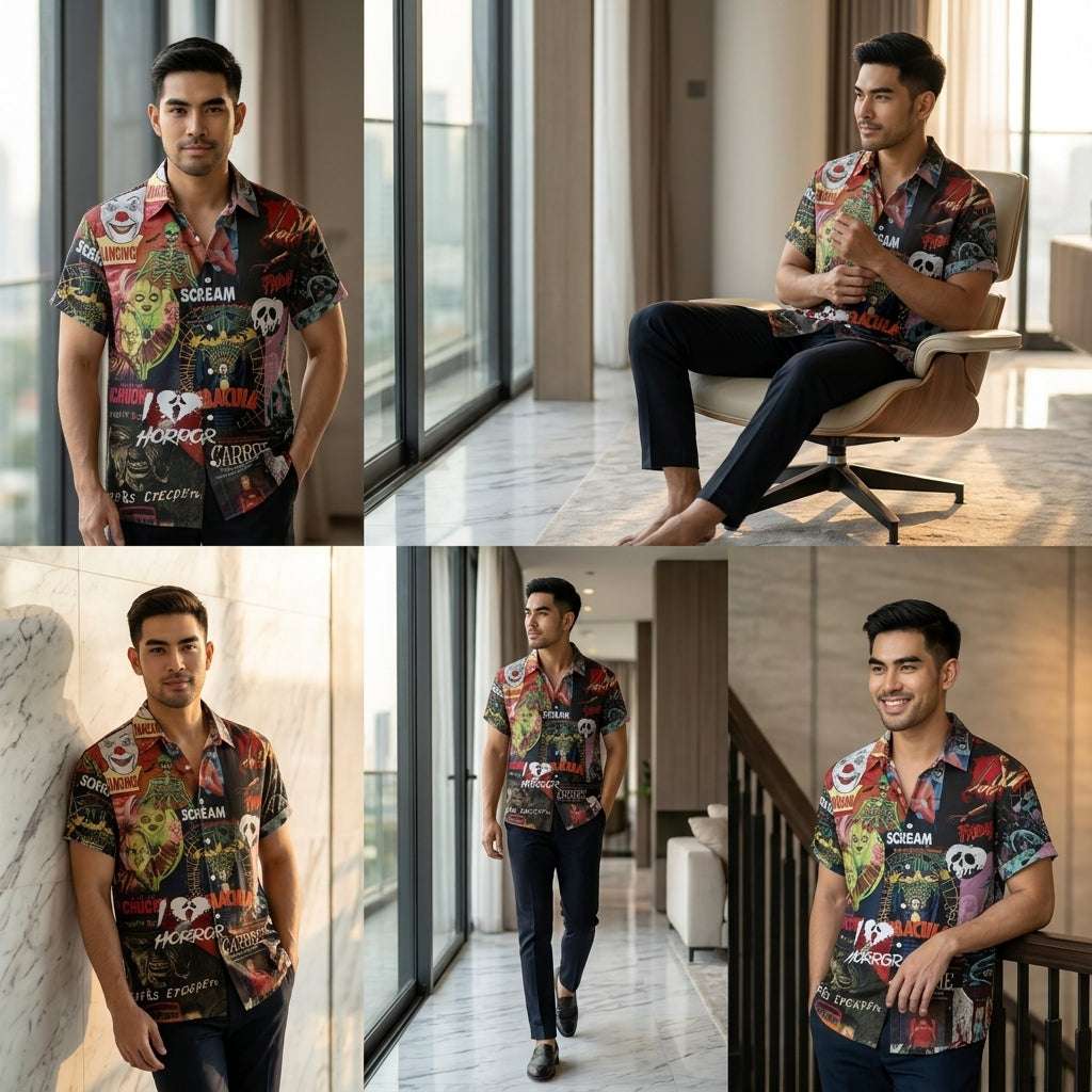 The Timeless Icon Edition Premium Men's Retro Character Graphic Shirt - High-Definition Vintage Animation Art Couples' Matching Halloween Style Hawaiian Beach Shirt, Breathable Quick-Dry Urban-Holiday Short-Sleeve Apparel Thai Blessing Co By