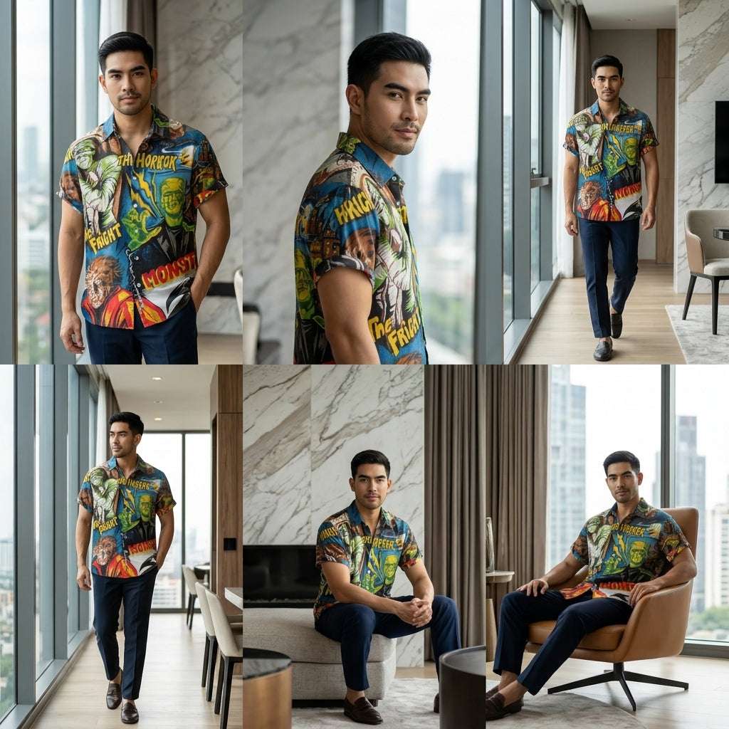 The Timeless Icon Edition Premium Men's Retro Character Graphic Shirt - High-Definition Vintage Animation Art Couples' Matching Halloween Style Hawaiian Beach Shirt, Breathable Quick-Dry Urban-Holiday Short-Sleeve Apparel Thai Blessing Co By