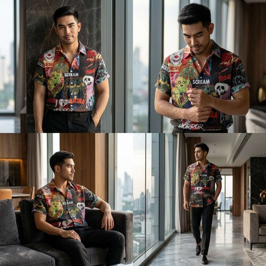 The Timeless Icon Edition Premium Men's Retro Character Graphic Shirt - High-Definition Vintage Animation Art Couples' Matching Halloween Style Hawaiian Beach Shirt, Breathable Quick-Dry Urban-Holiday Short-Sleeve Apparel Thai Blessing Co By