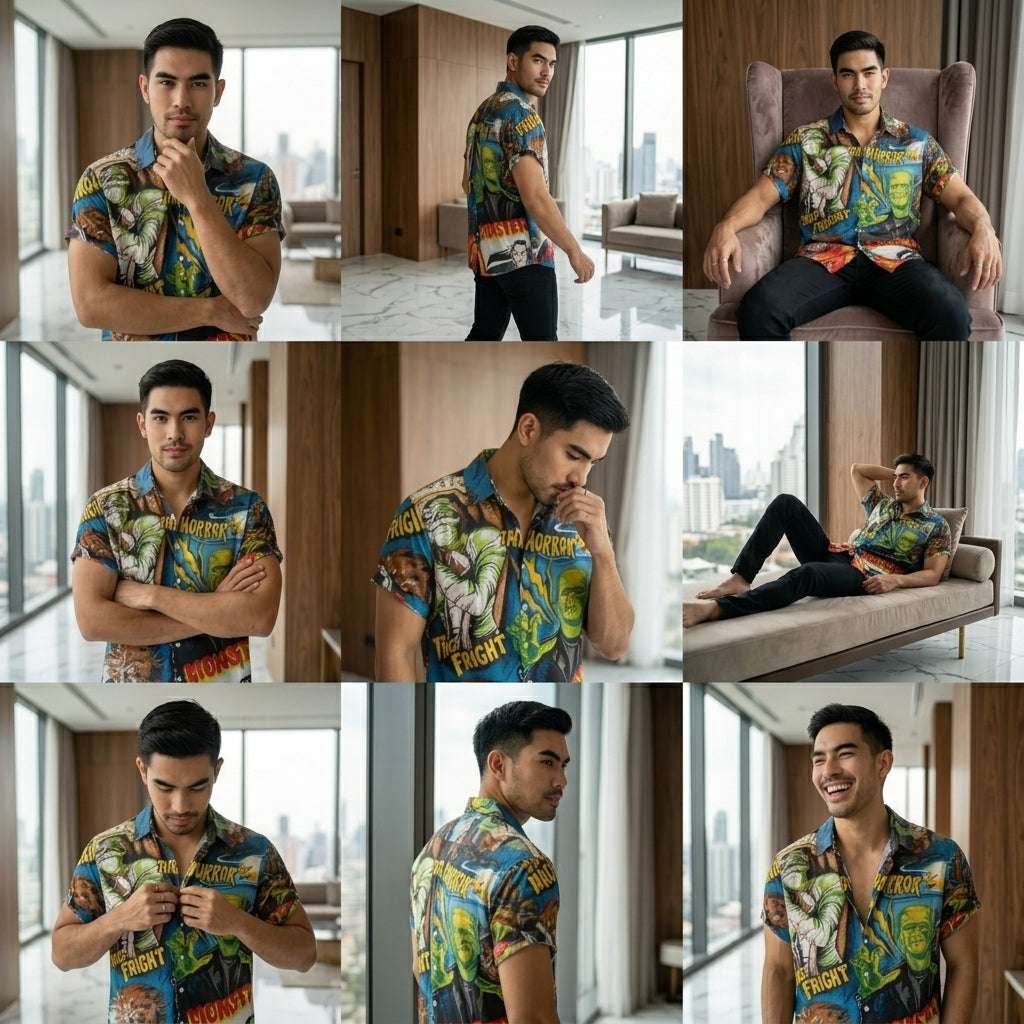 The Timeless Icon Edition Premium Men's Retro Character Graphic Shirt - High-Definition Vintage Animation Art Couples' Matching Halloween Style Hawaiian Beach Shirt, Breathable Quick-Dry Urban-Holiday Short-Sleeve Apparel Thai Blessing Co By