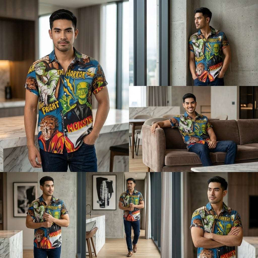 The Timeless Icon Edition Premium Men's Retro Character Graphic Shirt - High-Definition Vintage Animation Art Couples' Matching Halloween Style Hawaiian Beach Shirt, Breathable Quick-Dry Urban-Holiday Short-Sleeve Apparel Thai Blessing Co By
