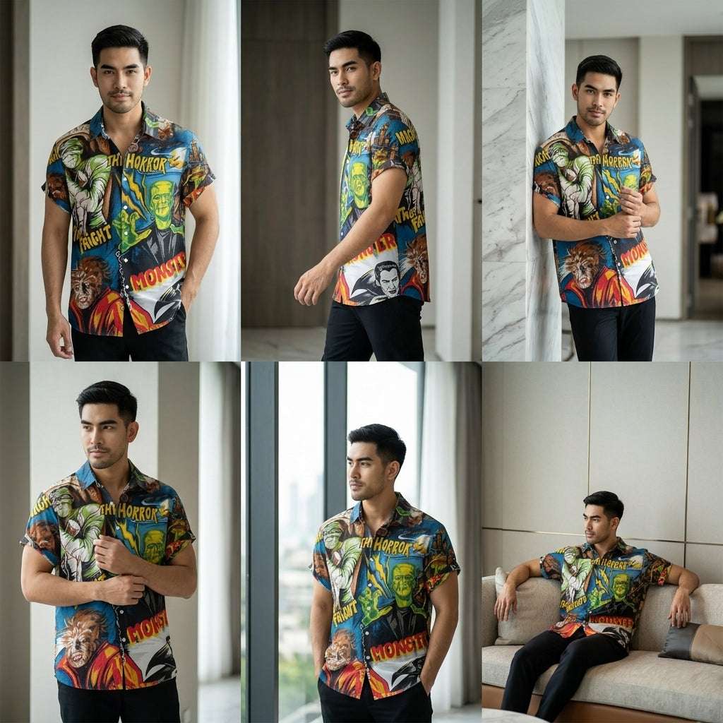 The Timeless Icon Edition Premium Men's Retro Character Graphic Shirt - High-Definition Vintage Animation Art Couples' Matching Halloween Style Hawaiian Beach Shirt, Breathable Quick-Dry Urban-Holiday Short-Sleeve Apparel Thai Blessing Co By