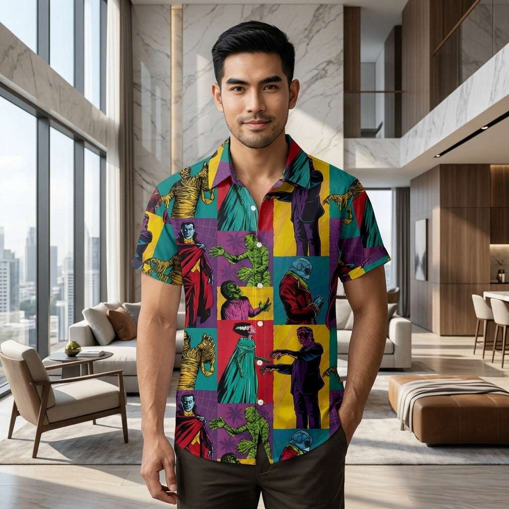 The Timeless Icon Edition Premium Men's Retro Character Graphic Shirt - High-Definition Vintage Animation Art Couples' Matching Halloween Style Hawaiian Beach Shirt, Breathable Quick-Dry Urban-Holiday Short-Sleeve Apparel Thai Blessing Co By