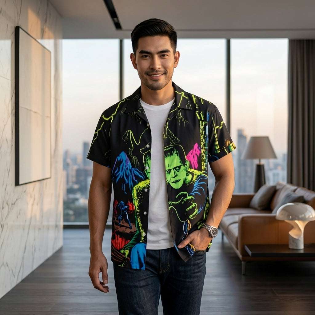 The Timeless Icon Edition Premium Men's Retro Character Graphic Shirt - High-Definition Vintage Animation Art Couples' Matching Halloween Style Hawaiian Beach Shirt, Breathable Quick-Dry Urban-Holiday Short-Sleeve Apparel (สำเนา) Thai Blessing