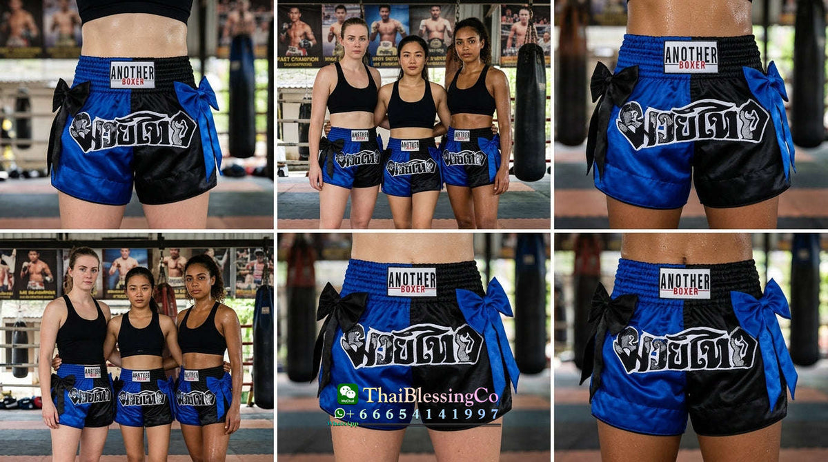🔥 The Victory Bow: Premium Satin Muay Thai & Kickboxing Shorts – Elegant Bow-Tie Design, Multi-Sport Combat Trunks for MMA, Cage Fighting, and Professional Training (Adults & Kids Blue and black Muay Thai shorts )