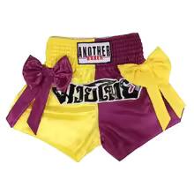 🔥 The Victory Bow: Premium Satin Muay Thai & Kickboxing Shorts – Elegant Bow-Tie Design, Multi-Sport Combat Trunks for MMA, Cage Fighting, and Professional Training (Adults & Kids Purple and yellow Muay Thai shorts)