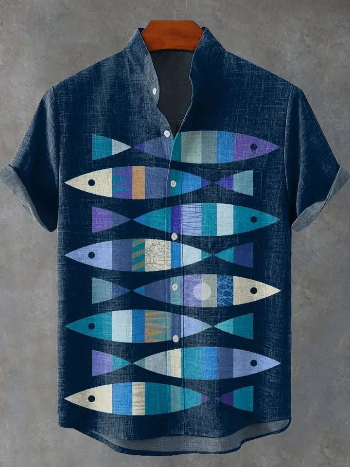🌊The Vintage Angler’s Heritage: Premium Men’s Cotton-Linen Casual Shirt – Retro 3D Fish Pattern, Breathable Short-Sleeve Utility Top (Camisas De Hombre), and Sophisticated Coastal Silhouette