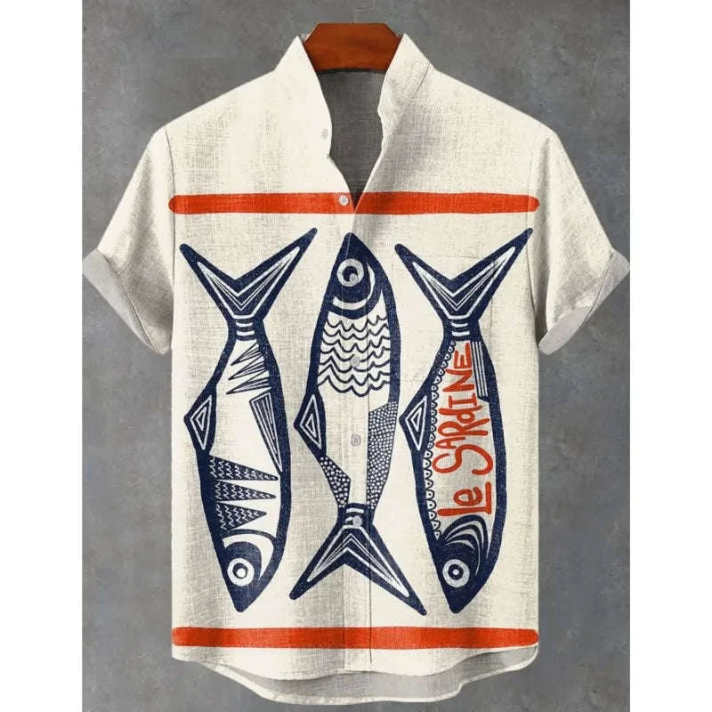 🌊The Vintage Angler’s Heritage: Premium Men’s Cotton-Linen Casual Shirt – Retro 3D Fish Pattern, Breathable Short-Sleeve Utility Top (Camisas De Hombre), and Sophisticated Coastal Silhouette