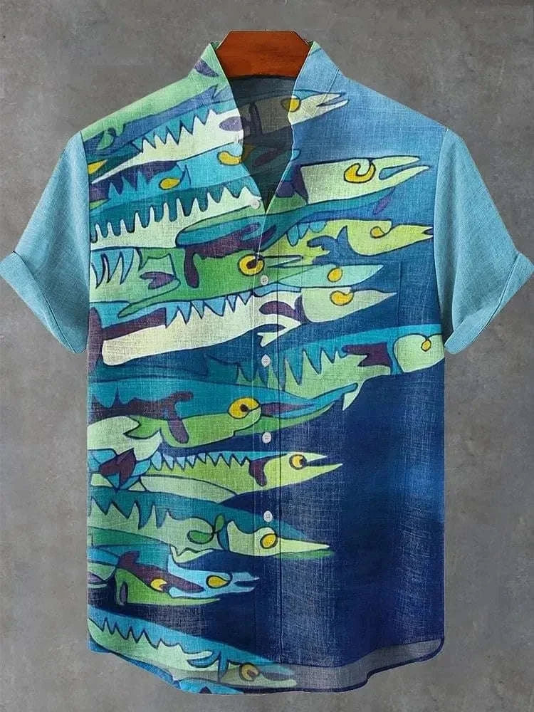 🌊The Vintage Angler’s Heritage: Premium Men’s Cotton-Linen Casual Shirt – Retro 3D Fish Pattern, Breathable Short-Sleeve Utility Top (Camisas De Hombre), and Sophisticated Coastal Silhouette SFQQQD1046
