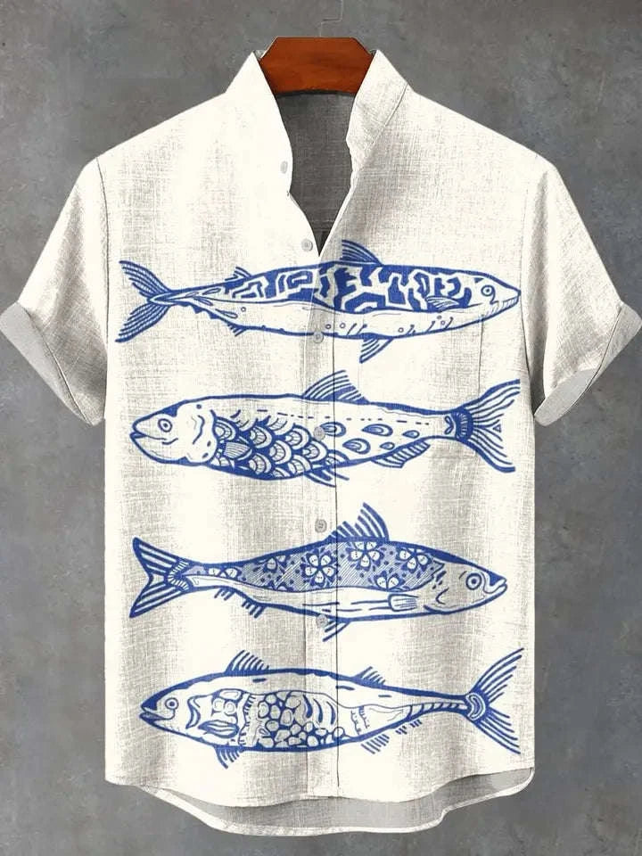 🌊The Vintage Angler’s Heritage: Premium Men’s Cotton-Linen Casual Shirt – Retro 3D Fish Pattern, Breathable Short-Sleeve Utility Top (Camisas De Hombre), and Sophisticated Coastal Silhouette
