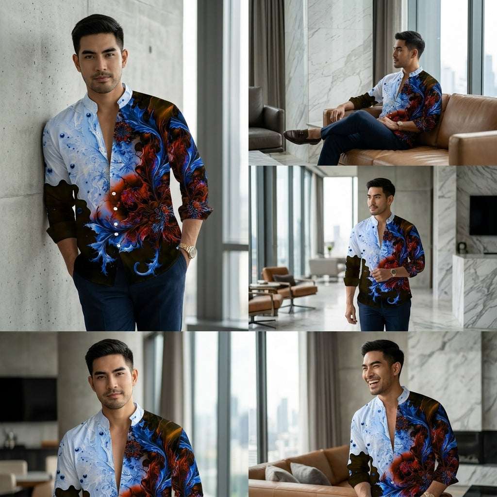 The Vintage Botanical Edition Premium Men's 3D Floral Long-Sleeve Shirt - High-Definition Retro Graphic Print Classic Turn-Down Collar, Breathable Lightweight Performance Fabric Summer Dress Apparel Thai Blessing Co By RURUECHA