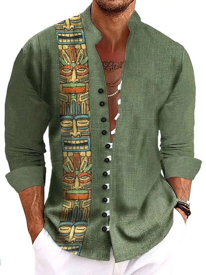 The Vintage Botanical Edition Premium Men's 3D Floral Long-Sleeve Shirt - High-Definition Retro Graphic Print Classic Turn-Down Collar, Breathable Lightweight Performance Fabric Summer Dress Apparel