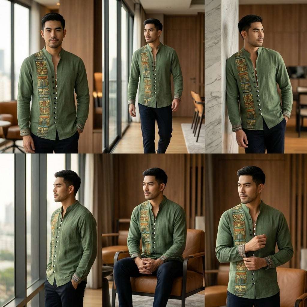 The Vintage Botanical Edition Premium Men's 3D Floral Long-Sleeve Shirt - High-Definition Retro Graphic Print Classic Turn-Down Collar, Breathable Lightweight Performance Fabric Summer Dress Apparel Thai Blessing Co By RURUECHA