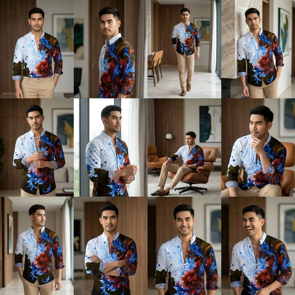 The Vintage Botanical Edition Premium Men's 3D Floral Long-Sleeve Shirt - High-Definition Retro Graphic Print Classic Turn-Down Collar, Breathable Lightweight Performance Fabric Summer Dress Apparel Thai Blessing Co By RURUECHA