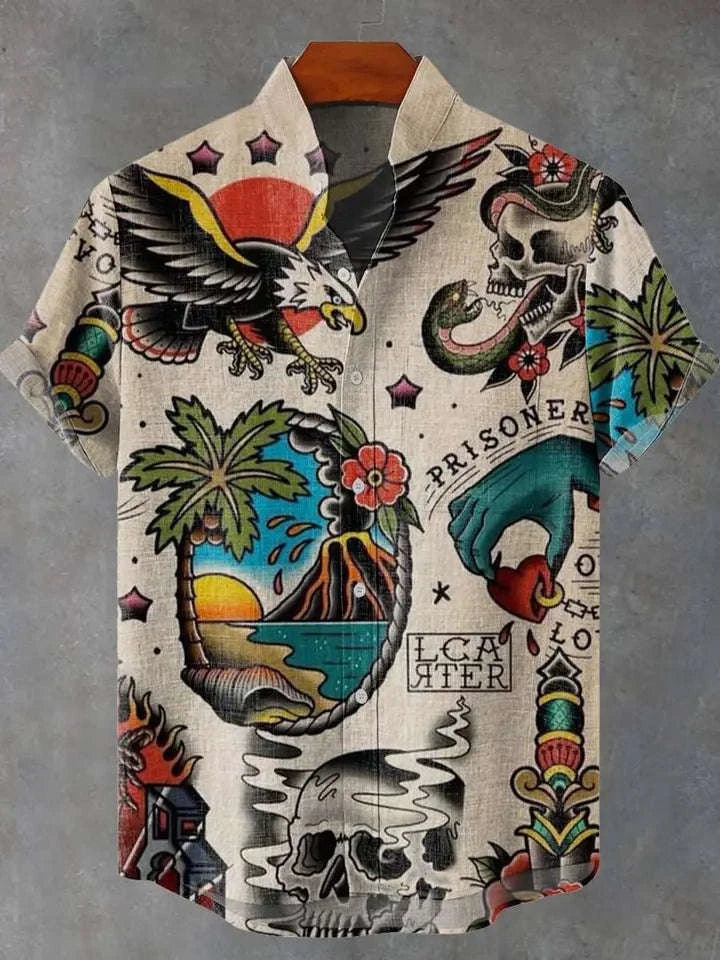 🎨 The Vintage Feline Art Edition: Premium Men’s Summer Shirt – High-Definition Floral & Cat Graphic Print, Breathable Quick-Dry Fabric, and Sophisticated Retro-Style Casual Button-Down