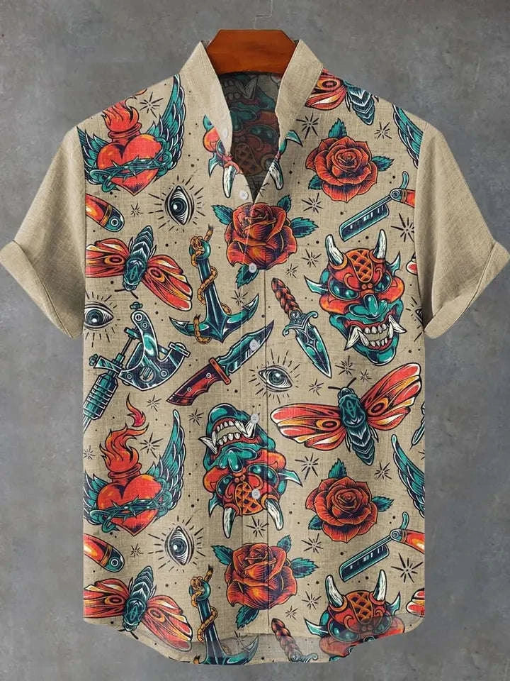 🎨 The Vintage Feline Art Edition: Premium Men’s Summer Shirt – High-Definition Floral & Cat Graphic Print, Breathable Quick-Dry Fabric, and Sophisticated Retro-Style Casual Button-Down