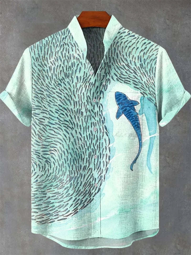 ✨ The Vintage Oceanic Masterpiece: Retro 3D Koi & Wave Print Men's Casual Linen-Blend Shirt – Breathable Summer Hawaiian Style Social Top with High-Definition Artistic Graphics GY469